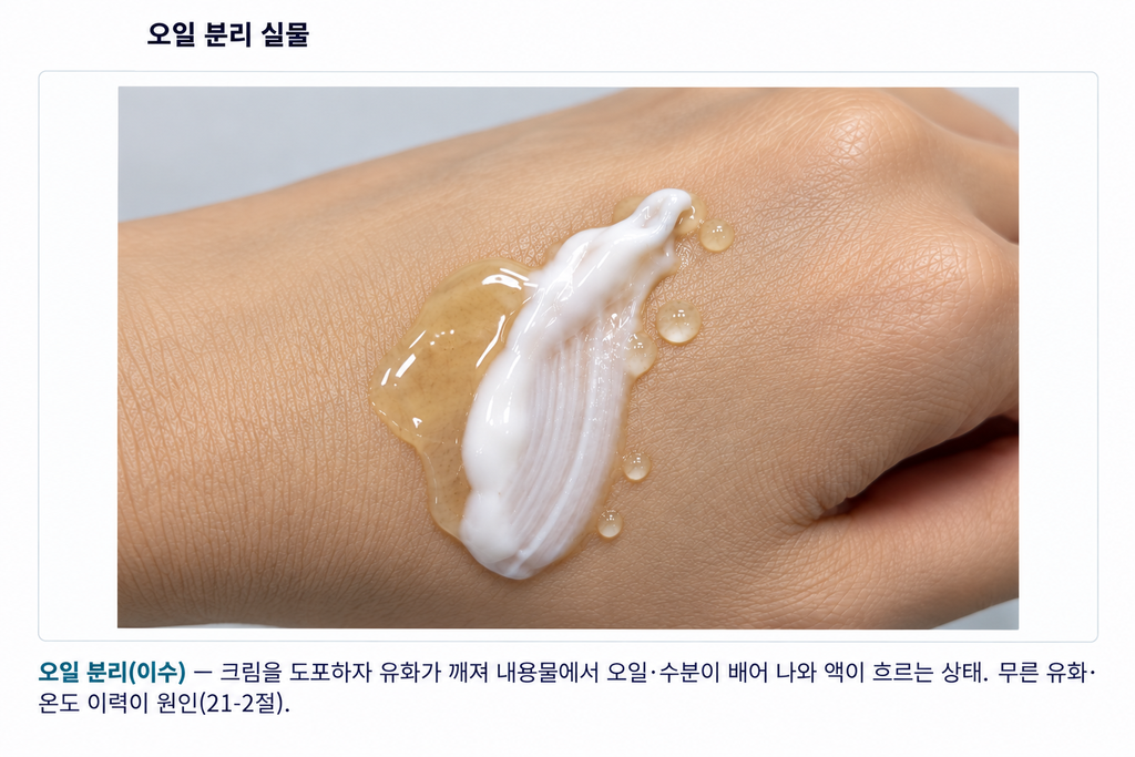 유화 — 유화 제품 불량 사례 — 분리·점도 이상·색 분리·변색