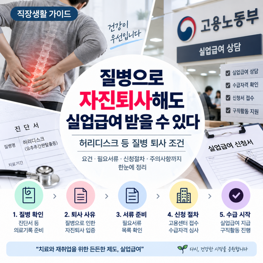 실업급여 — 질병으로 자진퇴사해도 실업급여 받을 수 있다 — 허리디스크 등 질병 퇴사 조건
